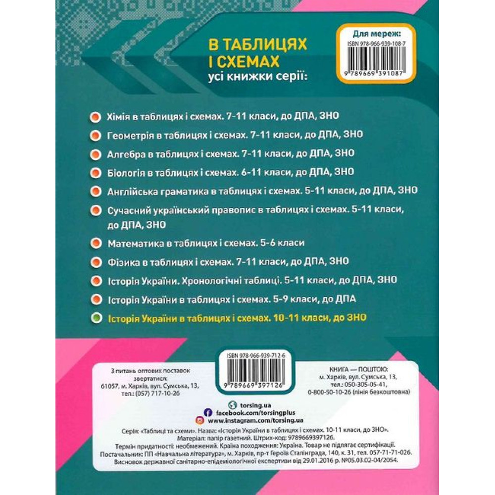 Таблиці та схеми Торсінг Історія України в таблицях і схемах 10-11 класи. Допомога в підготовці до ЗНО (Губіна С.)