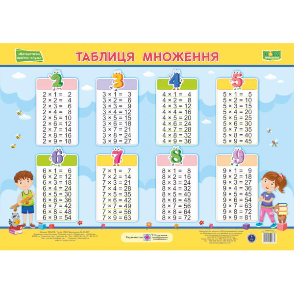 Шкільний плакат Підручники і посібники Таблиця множення (горизонтальна) ф. А2