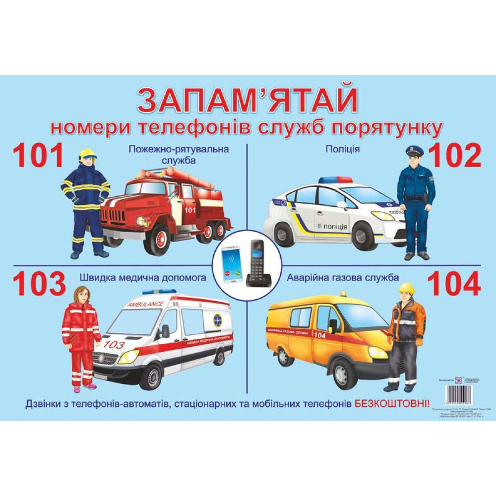 Плакат шкільний Підручники і посібники Номери телефонів служб порятунку Формат: А3