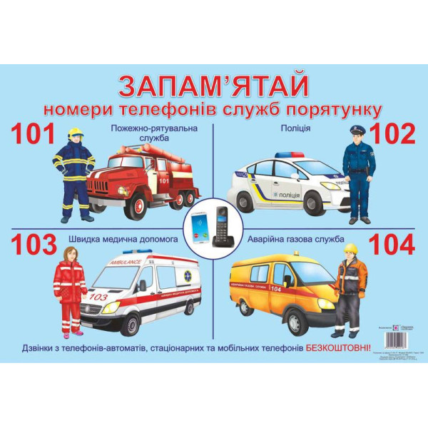Плакат шкільний Підручники і посібники Номери телефонів служб порятунку Формат: А3