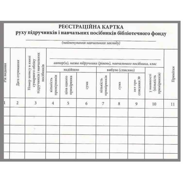 Реєстраційна картка руху підручників і навчальних посібників бібліотечного фонду Ранок /100 штук